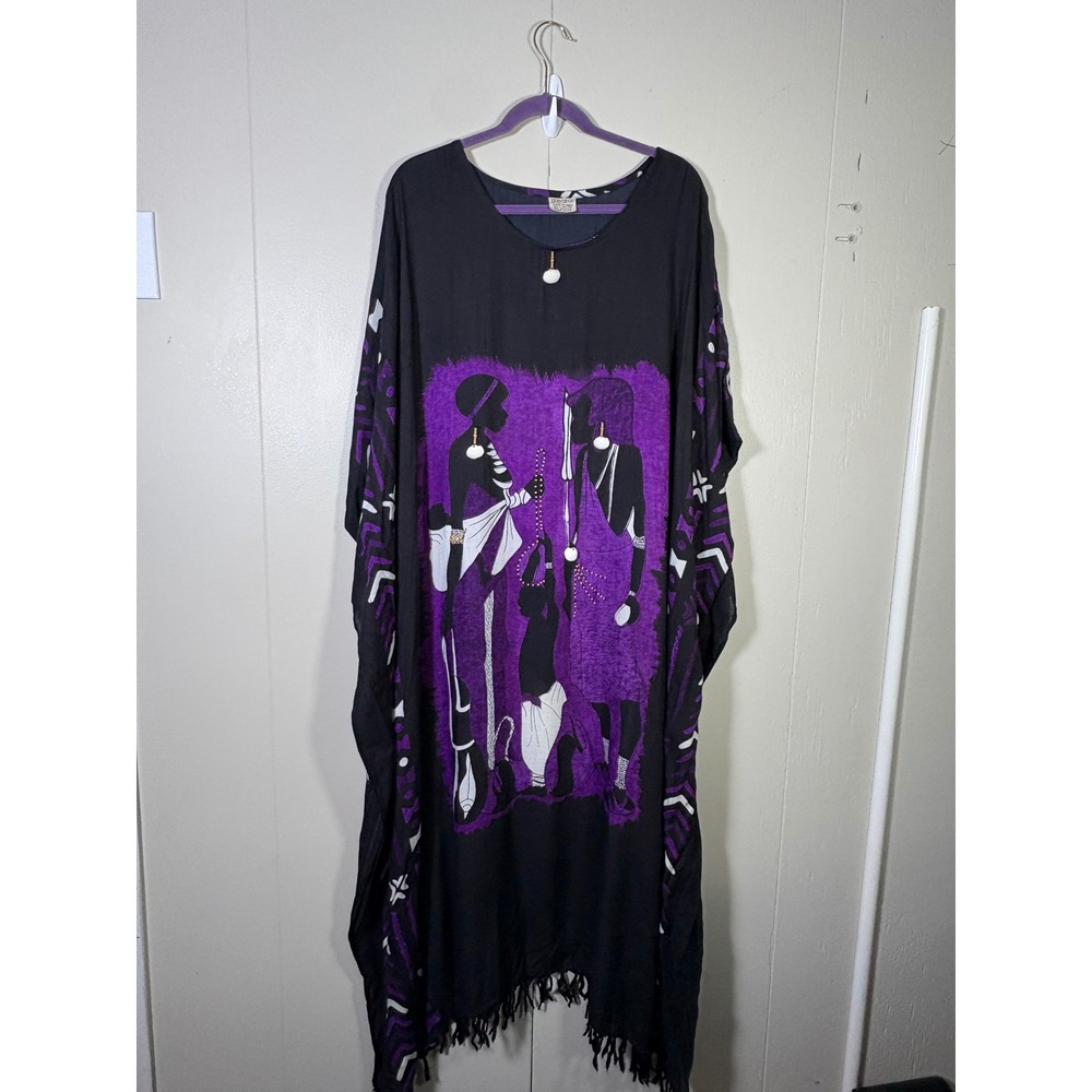 Magic Rayon Kaftan African Tribal Print Maxi Dress Purple Black OS Figural Art